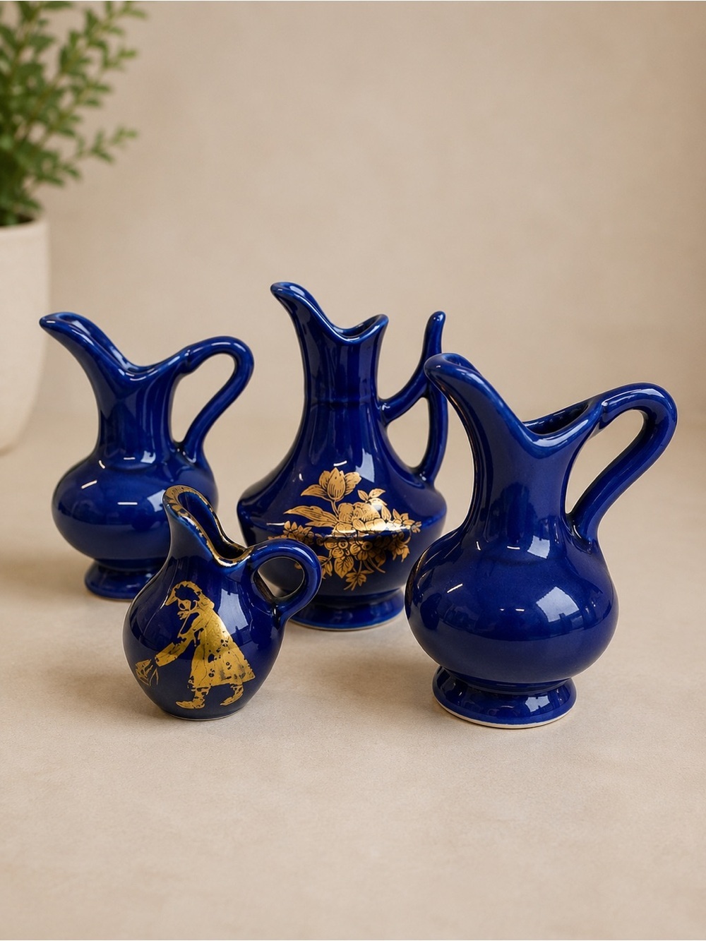 Set of 4 Miniature Cobalt Blue Porcelain Pitchers Vintage Vase Decor
